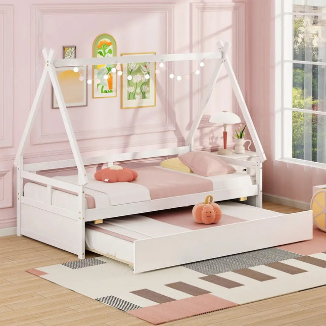 Twin Size House Bed with Trundle and Safety Guardrail-White - White - Trundle Bed Frame