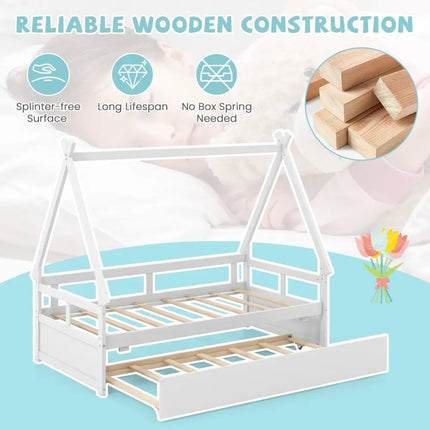 Twin Size House Bed with Trundle and Safety Guardrail-White - White - Trundle Bed Frame