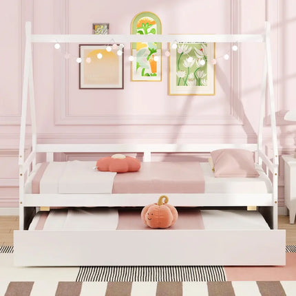 Twin Size House Bed with Trundle and Safety Guardrail-White - White - Trundle Bed Frame