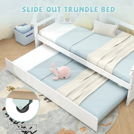 Twin Size House Bed with Trundle and Safety Guardrail-White - White - Trundle Bed Frame