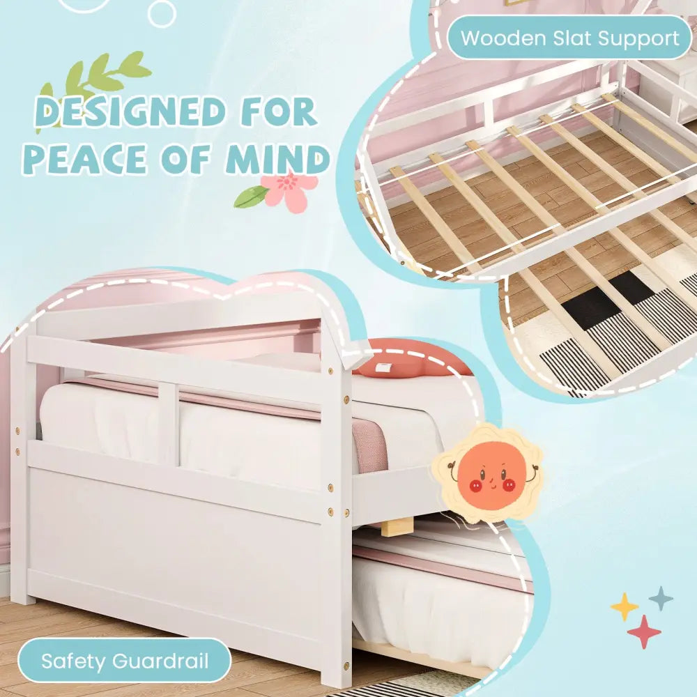 Twin Size House Bed with Trundle and Safety Guardrail-White - White - Trundle Bed Frame