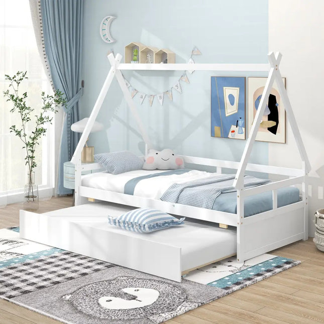 Twin Size House Bed with Trundle and Safety Guardrail-White - White - Trundle Bed Frame