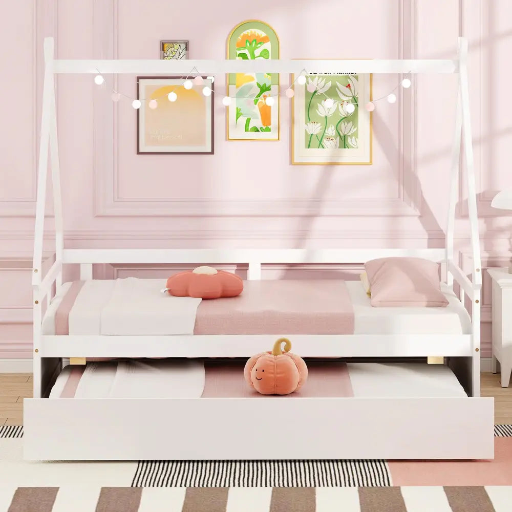 Twin Size House Bed with Trundle and Safety Guardrail-White - White - Trundle Bed Frame