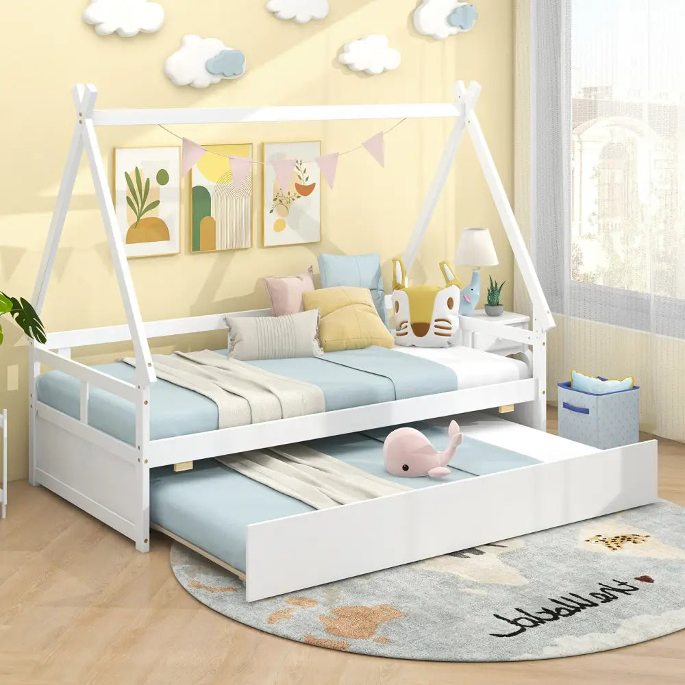 Twin Size House Bed with Trundle and Safety Guardrail-White - White - Trundle Bed Frame