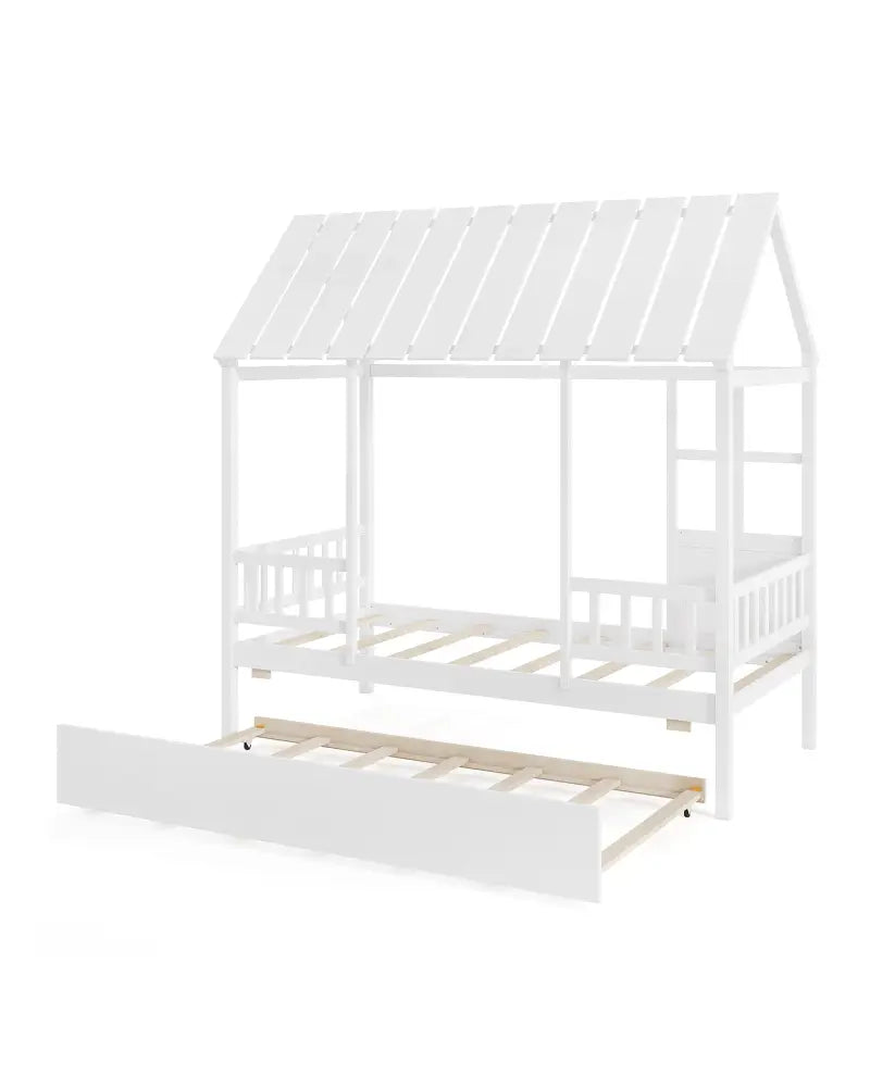Twin Size House Bed with Trundle Kids Platform Bed with Roof Window-White - White - Beds & Bed Frames