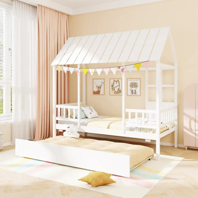 Twin Size House Bed with Trundle Kids Platform Bed with Roof Window-White - White - Beds & Bed Frames