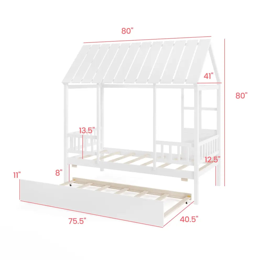 Twin Size House Bed with Trundle Kids Platform Bed with Roof Window-White - White - Beds & Bed Frames