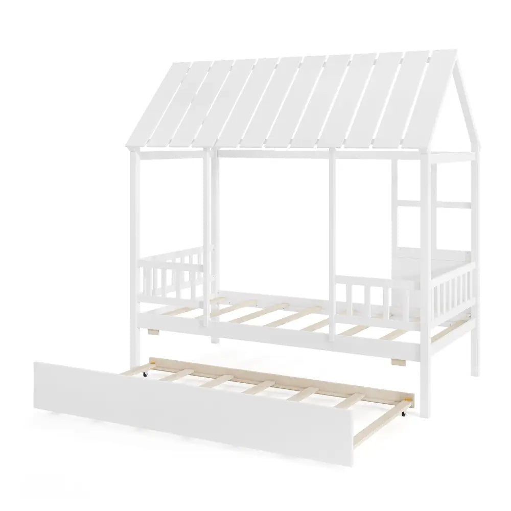 Twin Size House Bed with Trundle Kids Platform Bed with Roof Window-White - White - Beds & Bed Frames