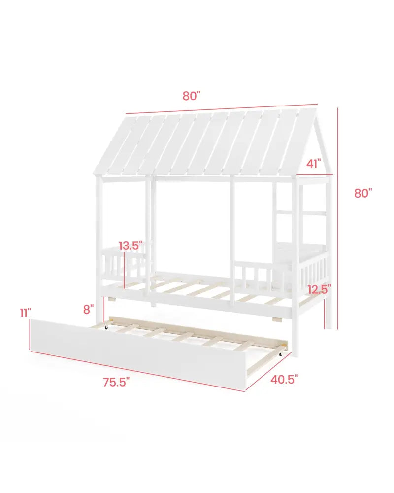 Twin Size House Bed with Trundle Kids Platform Bed with Roof Window-White - White - Beds & Bed Frames