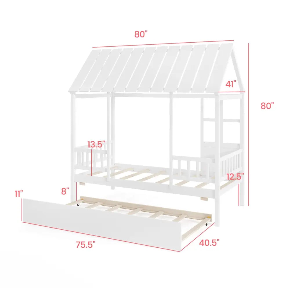 Twin Size House Bed with Trundle Kids Platform Bed with Roof Window-White - White - Beds & Bed Frames