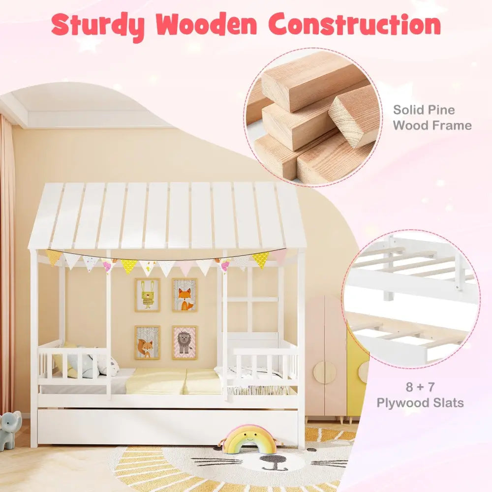 Twin Size House Bed with Trundle Kids Platform Bed with Roof Window-White - White - Beds & Bed Frames