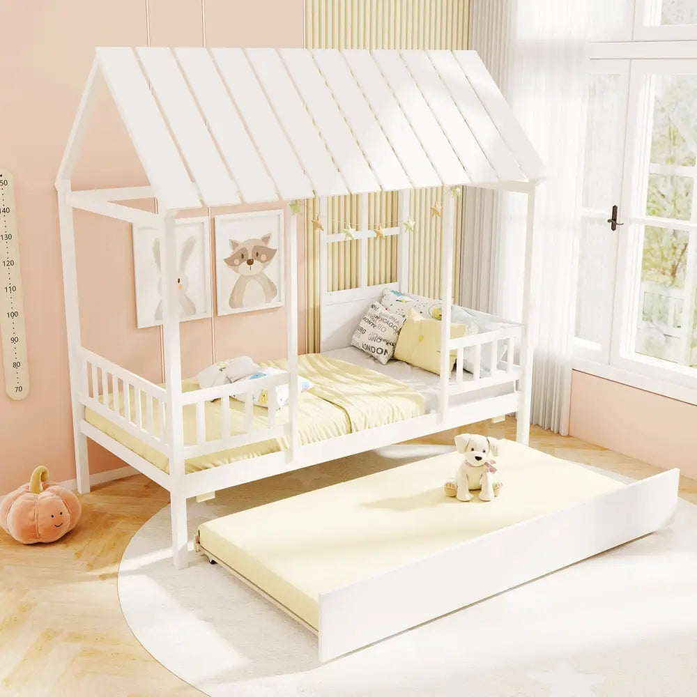 Twin Size House Bed with Trundle Kids Platform Bed with Roof Window-White - White - Beds & Bed Frames