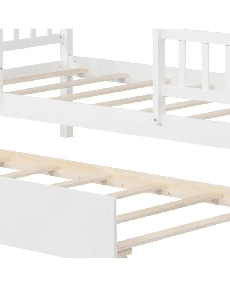 Twin Size House Bed with Trundle Kids Platform Bed with Roof Window-White - White - Beds & Bed Frames