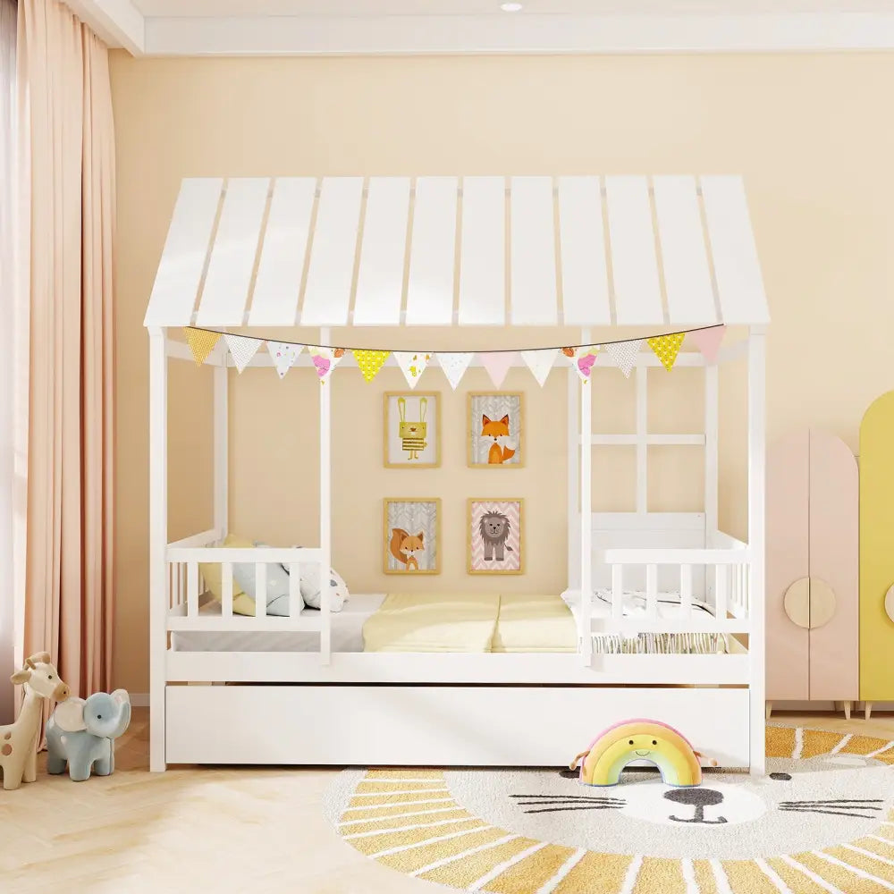 Twin Size House Bed with Trundle Kids Platform Bed with Roof Window-White - White - Beds & Bed Frames