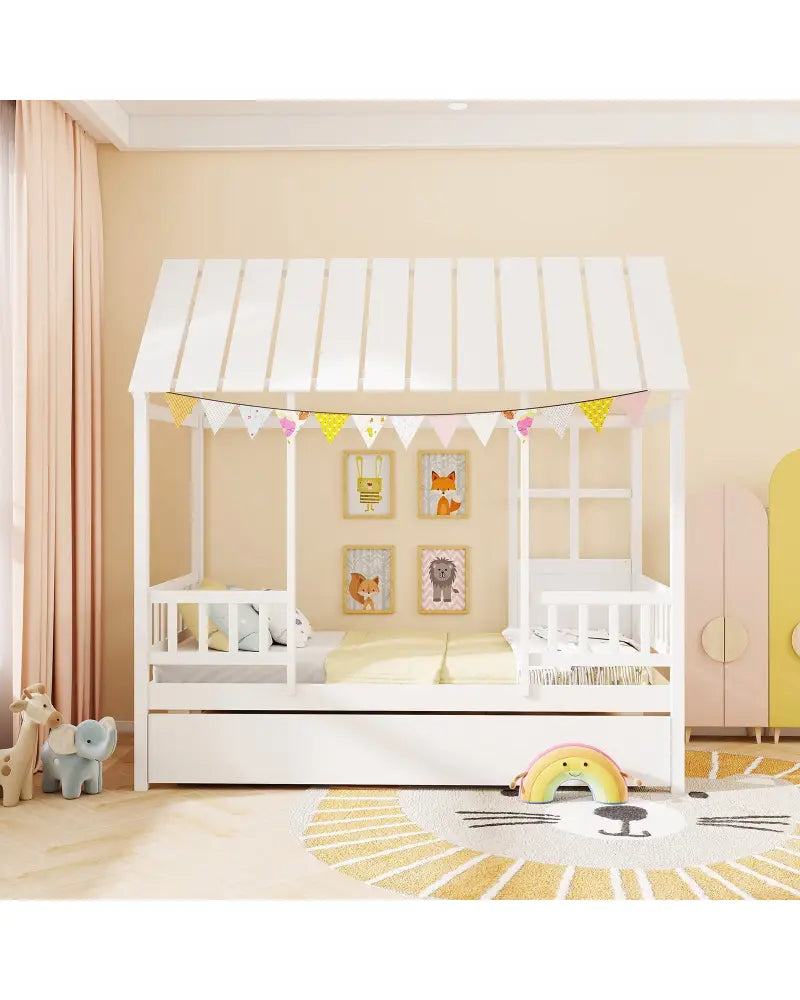 Twin Size House Bed with Trundle Kids Platform Bed with Roof Window-White - White - Beds & Bed Frames