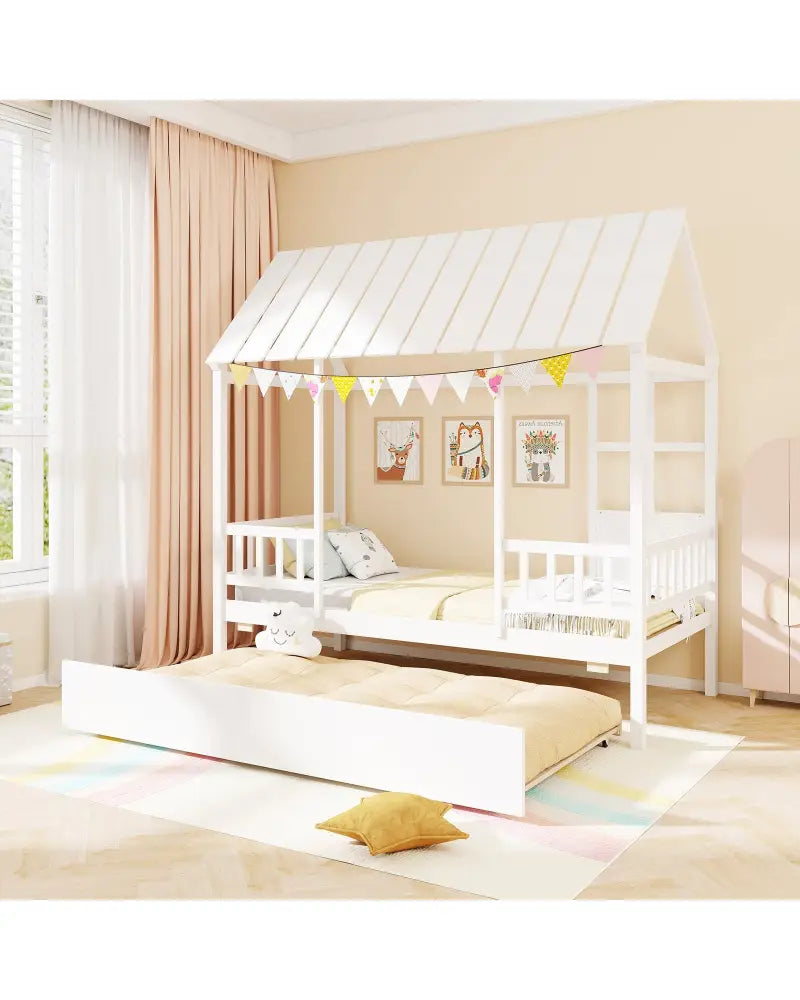 Twin Size House Bed with Trundle Kids Platform Bed with Roof Window-White - White - Beds & Bed Frames