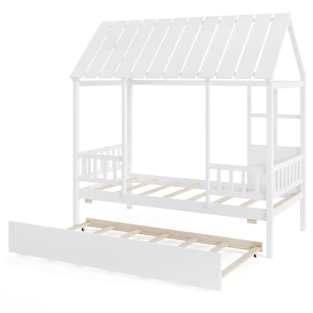 Twin Size House Bed with Trundle Kids Platform Bed with Roof Window-White - White - Beds & Bed Frames