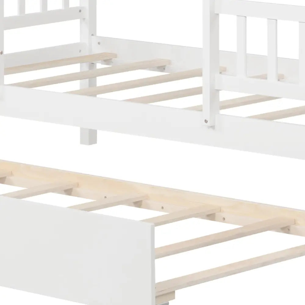 Twin Size House Bed with Trundle Kids Platform Bed with Roof Window-White - White - Beds & Bed Frames