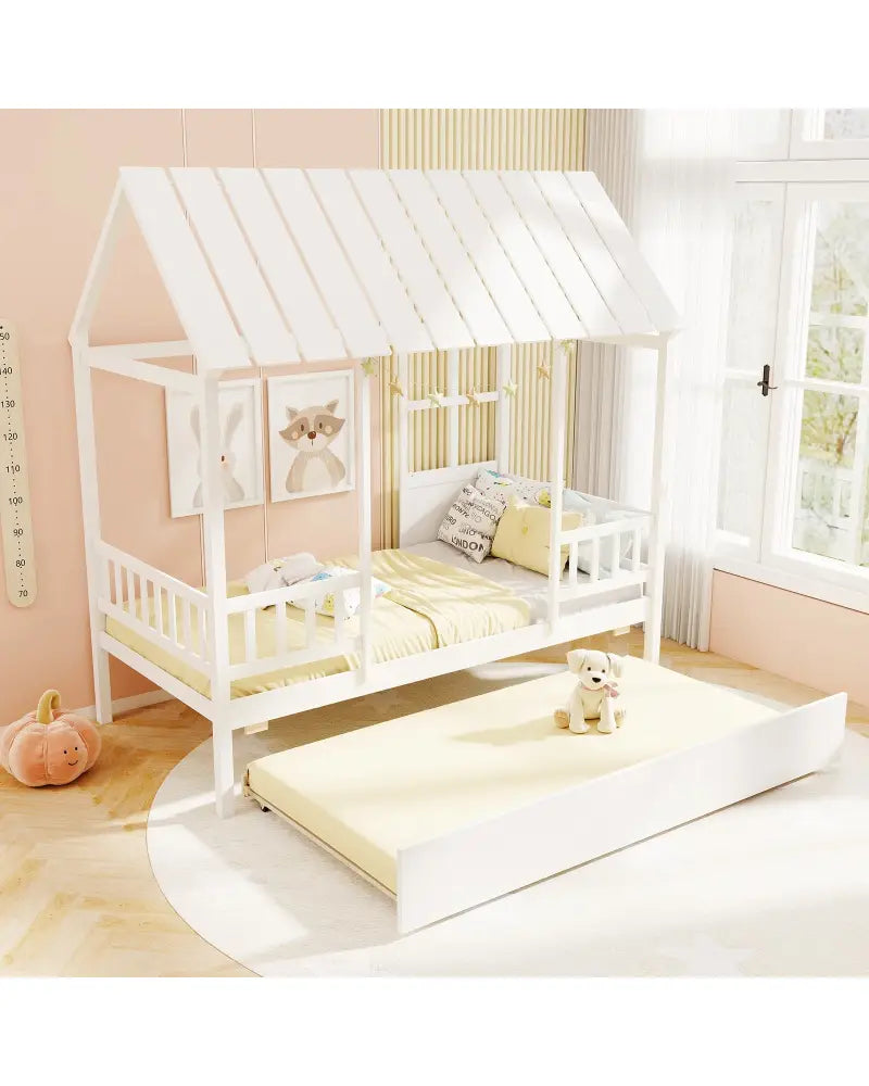 Twin Size House Bed with Trundle Kids Platform Bed with Roof Window-White - White - Beds & Bed Frames