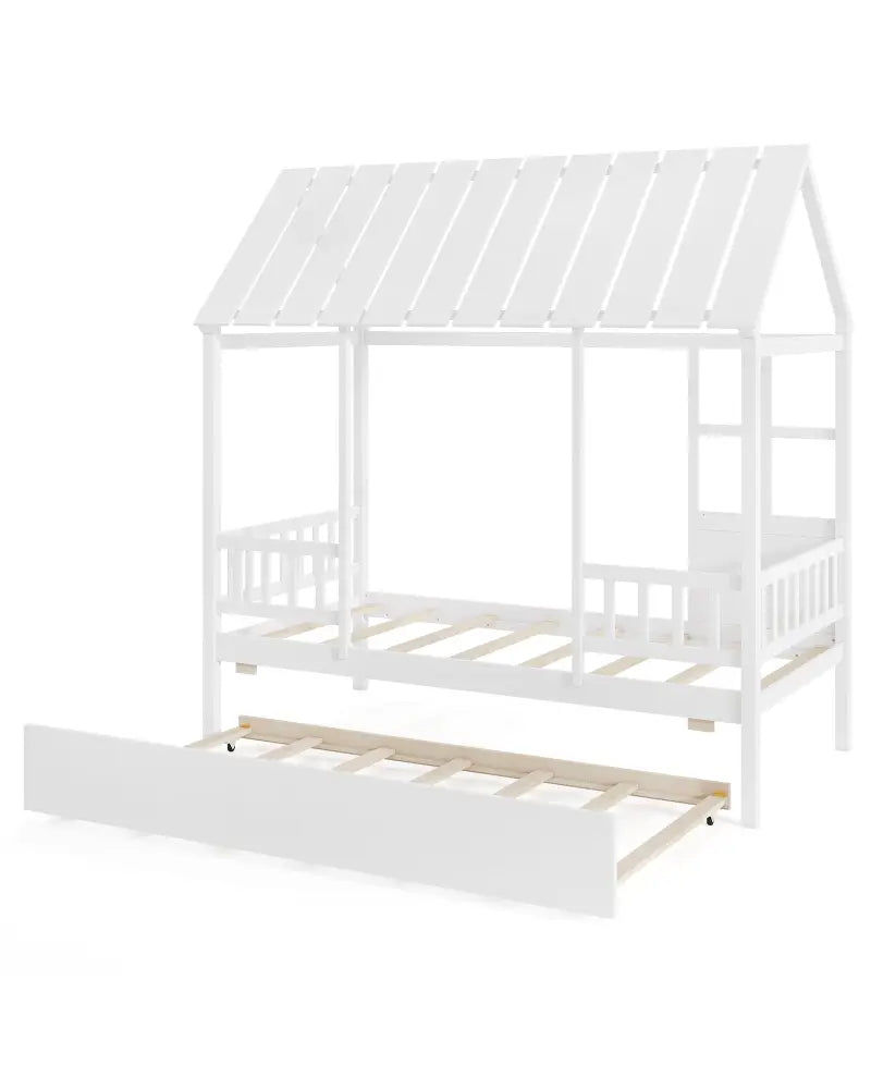 Twin Size House Bed with Trundle Kids Platform Bed with Roof Window-White - White - Beds & Bed Frames