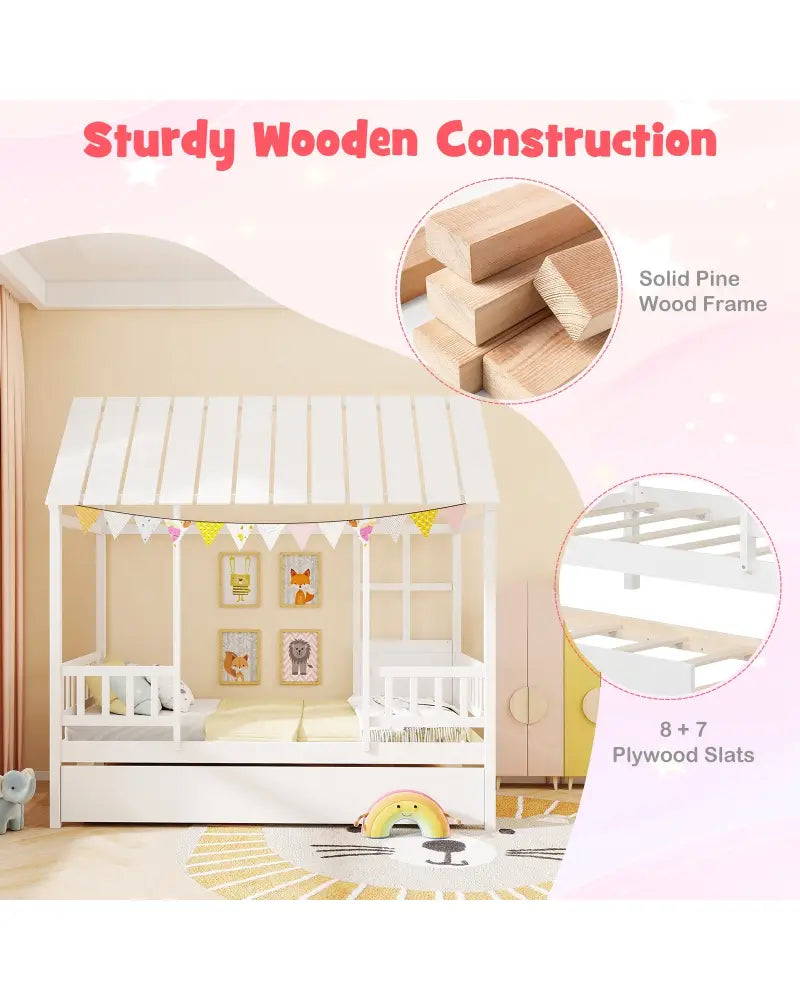 Twin Size House Bed with Trundle Kids Platform Bed with Roof Window-White - White - Beds & Bed Frames