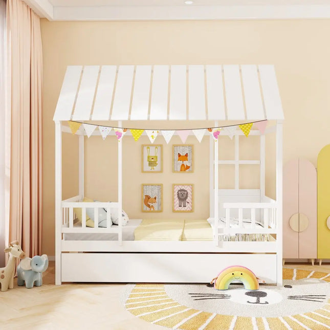 Twin Size House Bed with Trundle Kids Platform Bed with Roof Window-White - White - Beds & Bed Frames