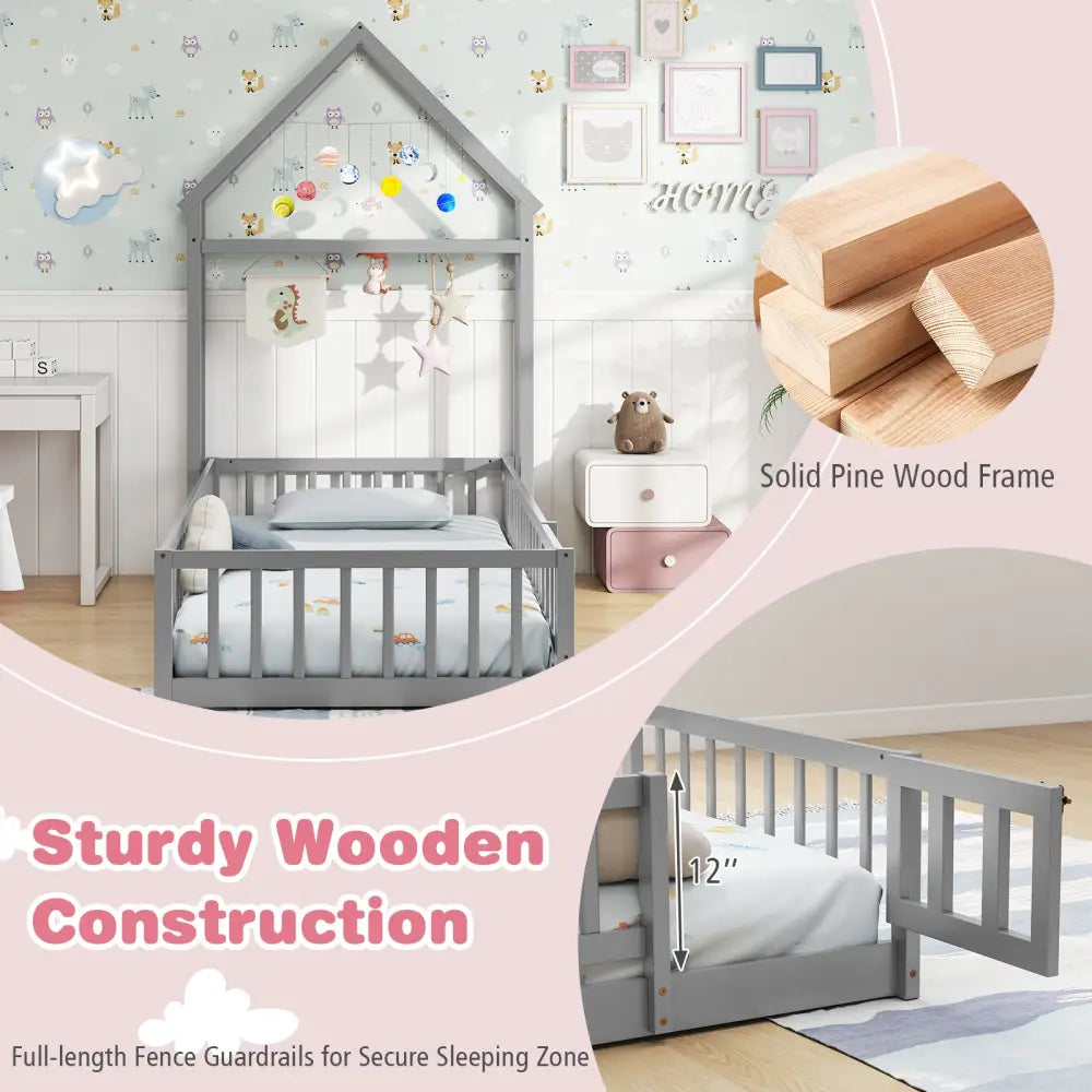 Twin Size House Floor Bed with House-shaped Headboard-Gray - Gray - Simple Bed Frame