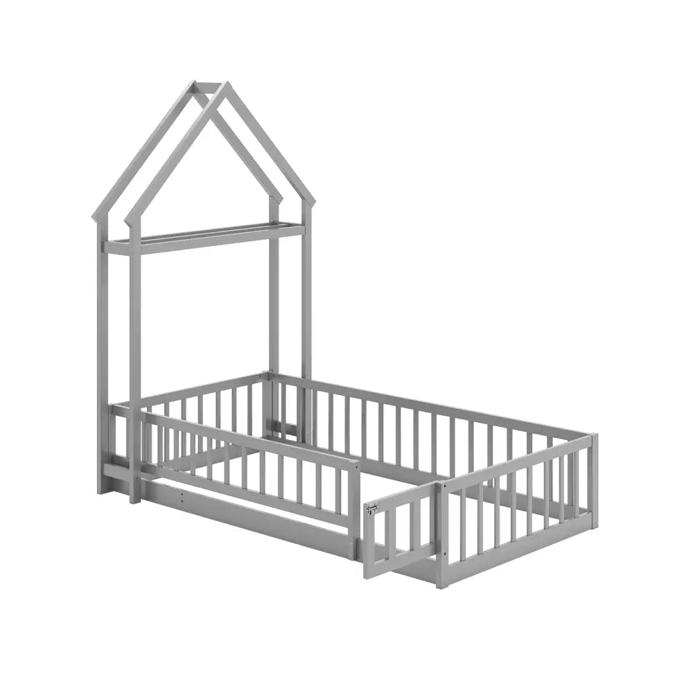 Twin Size House Floor Bed with House-shaped Headboard-Gray - Gray - Simple Bed Frame