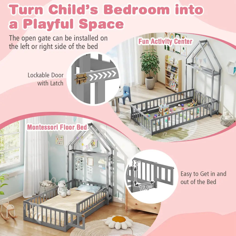 Twin Size House Floor Bed with House-shaped Headboard-Gray - Gray - Simple Bed Frame