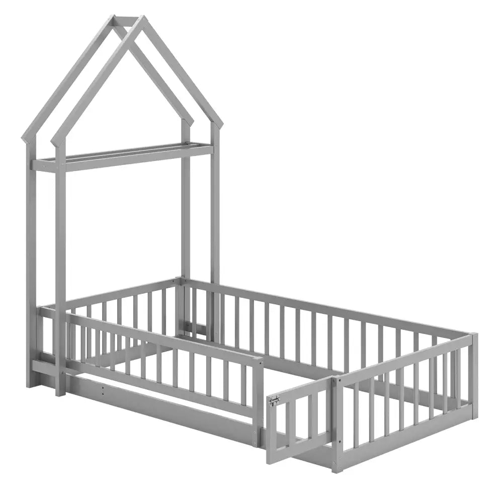 Twin Size House Floor Bed with House-shaped Headboard-Gray - Gray - Simple Bed Frame