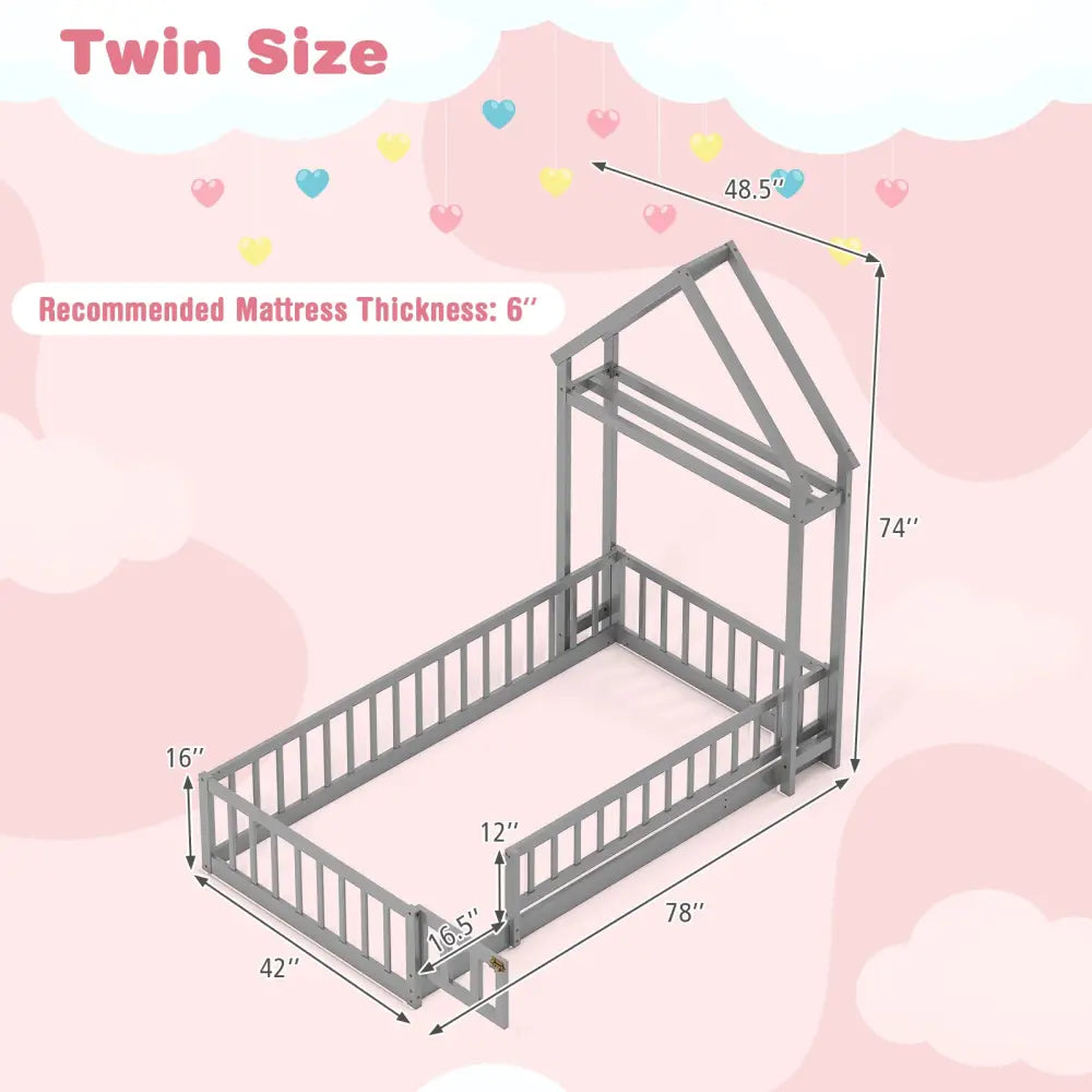 Twin Size House Floor Bed with House-shaped Headboard-Gray - Gray - Simple Bed Frame