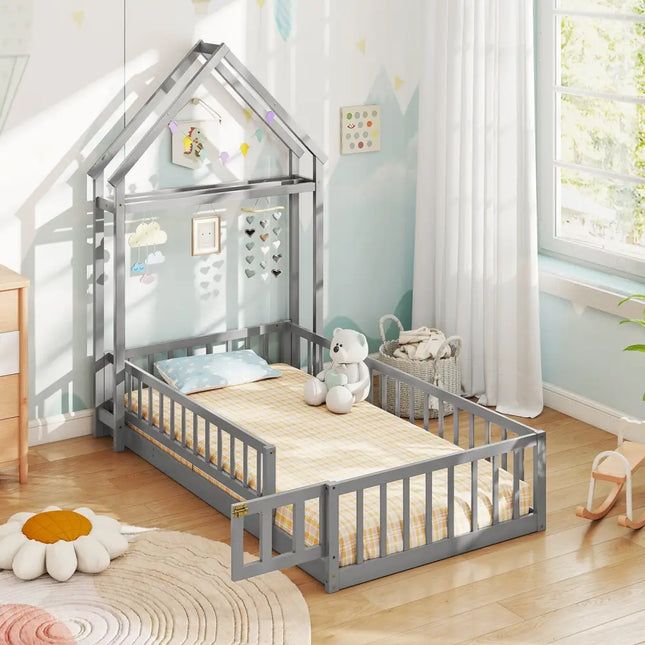 Twin Size House Floor Bed with House-shaped Headboard-Gray - Gray - Simple Bed Frame
