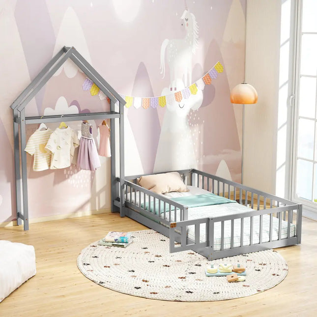 Twin Size House Floor Bed with House-shaped Headboard-Gray - Gray - Simple Bed Frame
