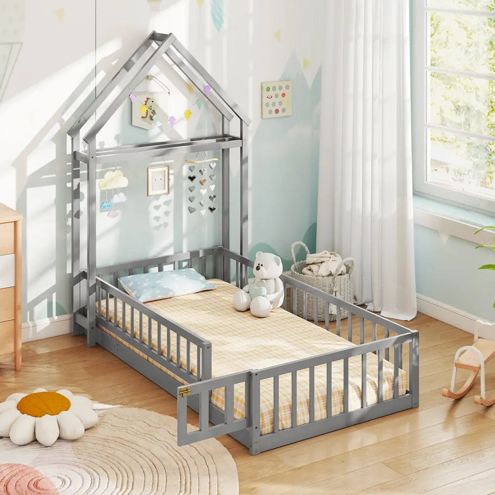 Twin Size House Floor Bed with House-shaped Headboard-Gray - Gray - Simple Bed Frame