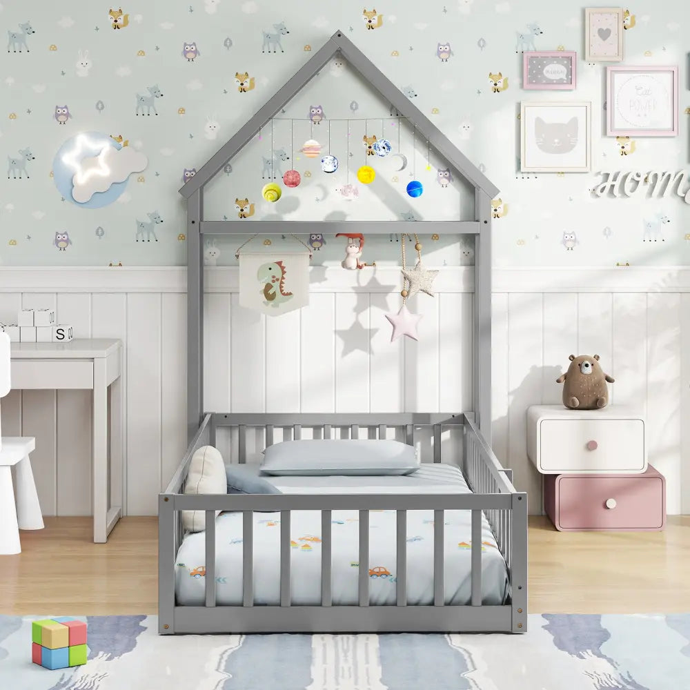 Twin Size House Floor Bed with House-shaped Headboard-Gray - Gray - Simple Bed Frame