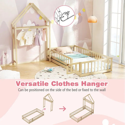 Twin Size House Floor Bed with House-shaped Headboard-Natural - Natural - Simple Bed Frame
