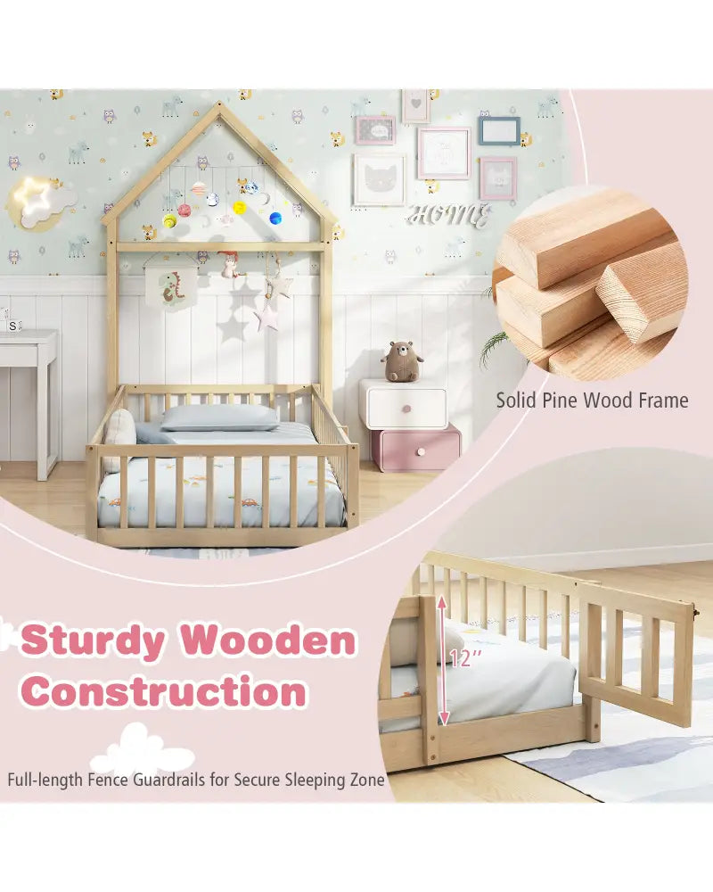Twin Size House Floor Bed with House-shaped Headboard-Natural - Natural - Simple Bed Frame