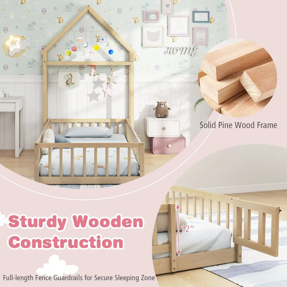 Twin Size House Floor Bed with House-shaped Headboard-Natural - Natural - Simple Bed Frame
