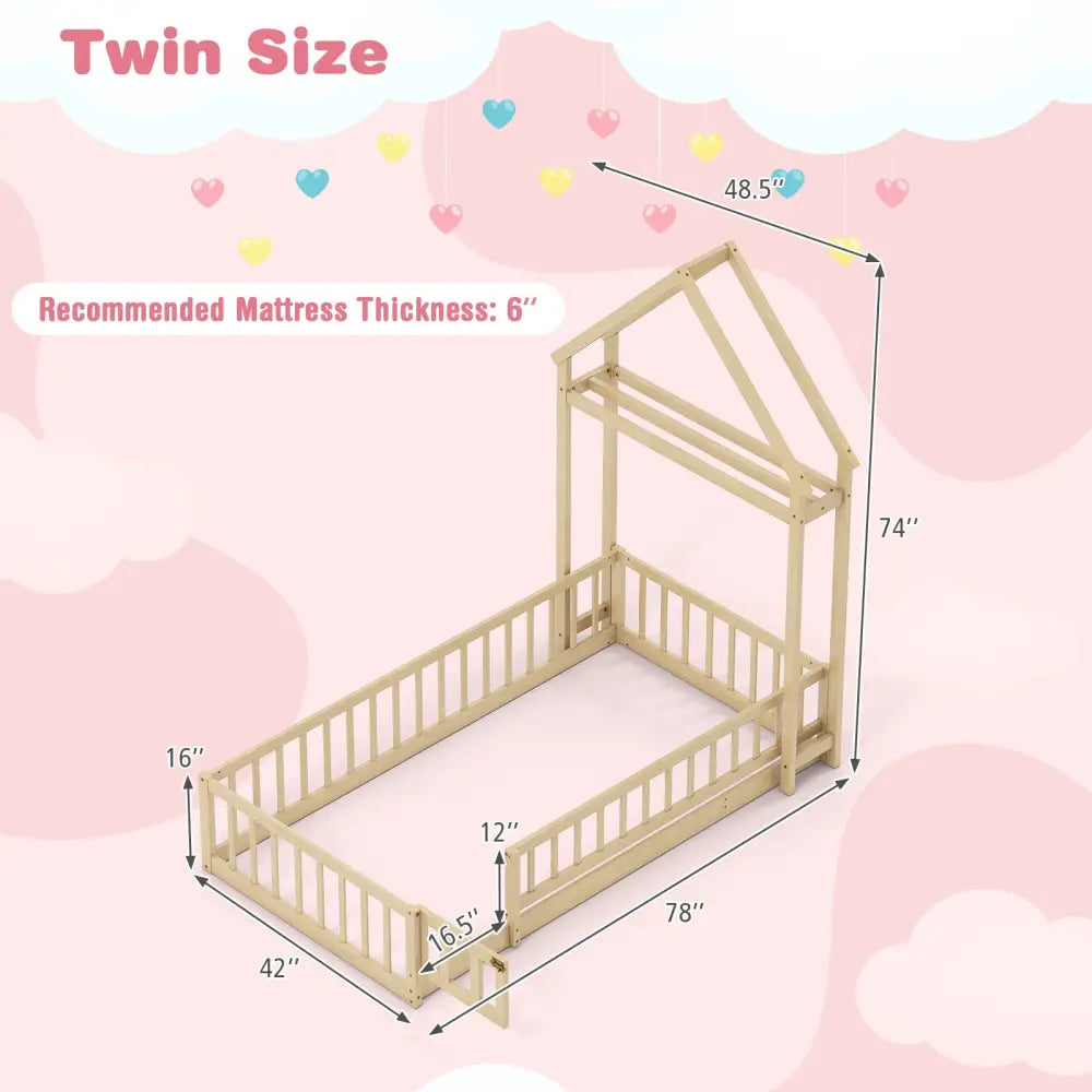 Twin Size House Floor Bed with House-shaped Headboard-Natural - Natural - Simple Bed Frame