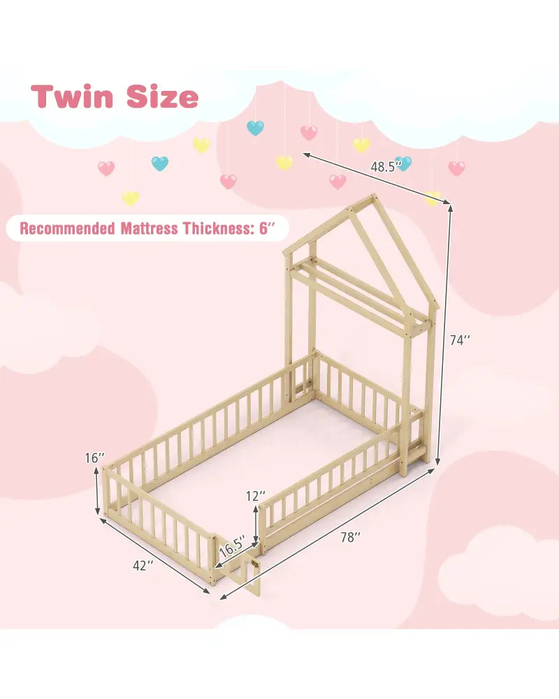 Twin Size House Floor Bed with House-shaped Headboard-Natural - Natural - Simple Bed Frame