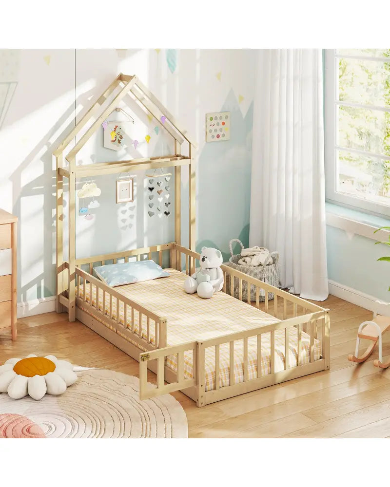 Twin Size House Floor Bed with House-shaped Headboard-Natural - Natural - Simple Bed Frame