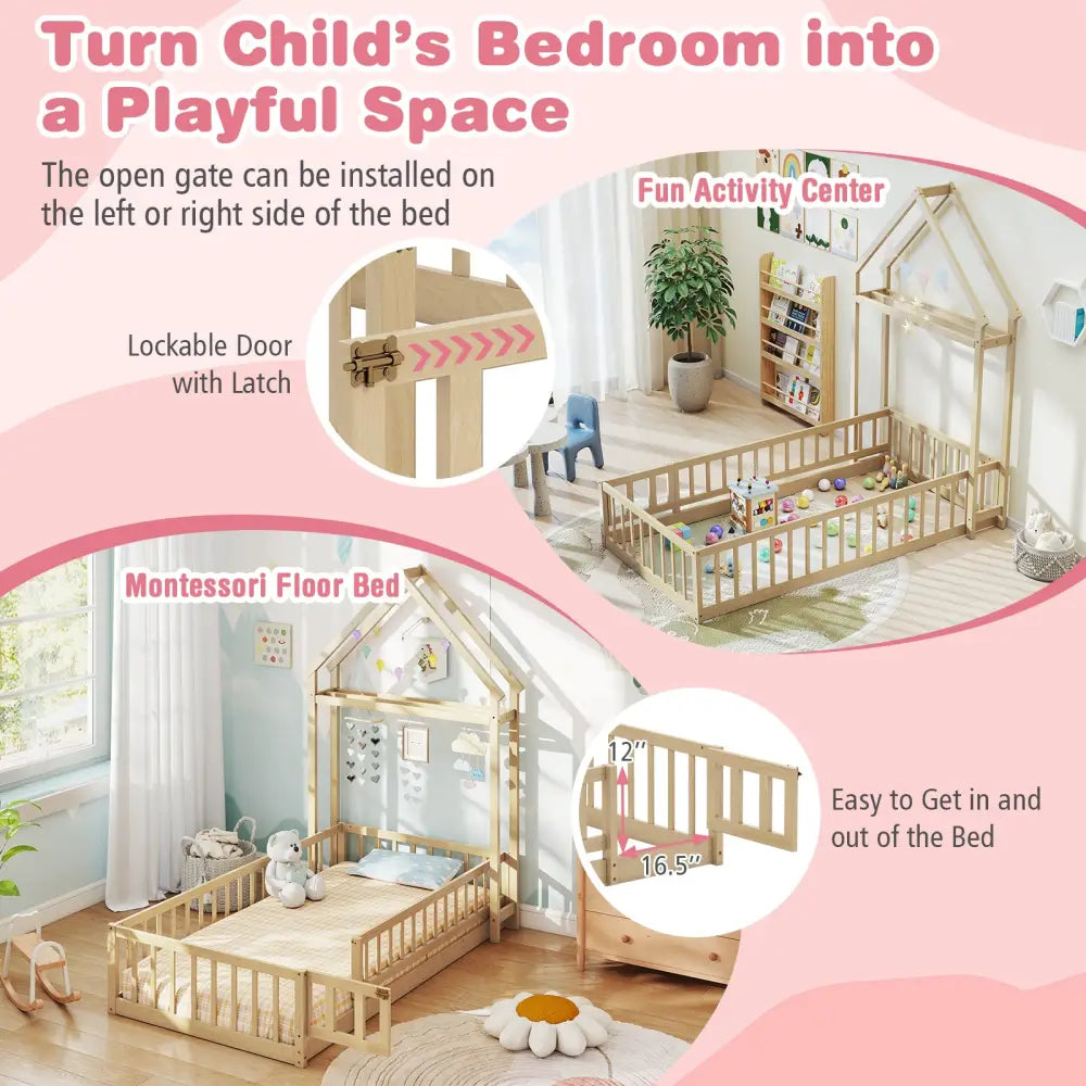 Twin Size House Floor Bed with House-shaped Headboard-Natural - Natural - Simple Bed Frame