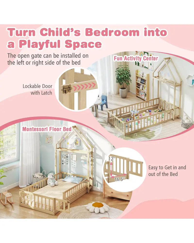 Twin Size House Floor Bed with House-shaped Headboard-Natural - Natural - Simple Bed Frame