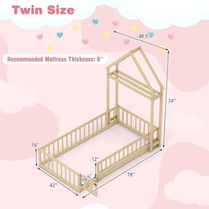Twin Size House Floor Bed with House-shaped Headboard-Natural - Natural - Simple Bed Frame