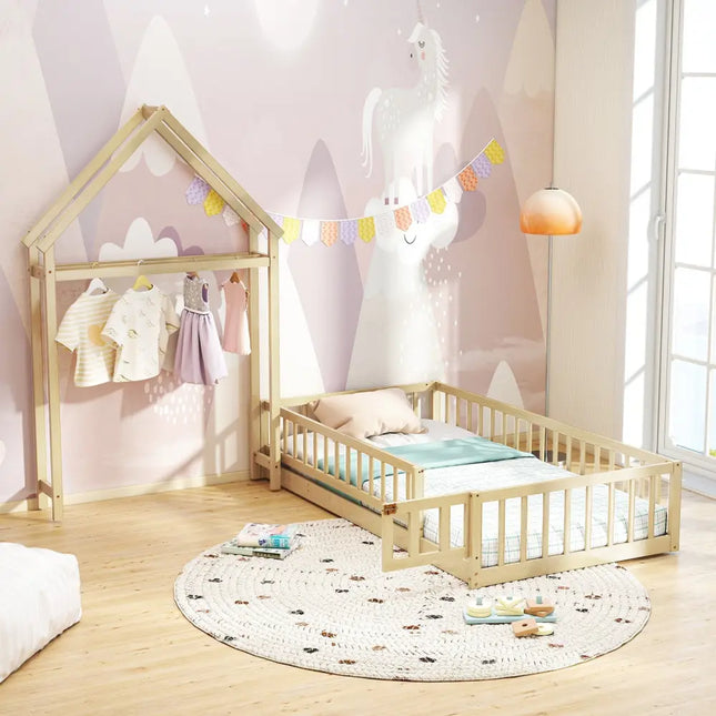 Twin Size House Floor Bed with House-shaped Headboard-Natural - Natural - Simple Bed Frame