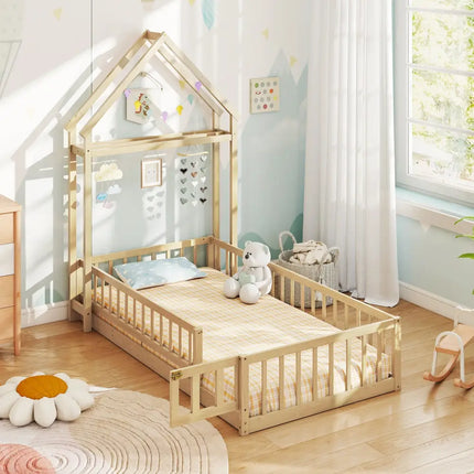 Twin Size House Floor Bed with House-shaped Headboard-Natural - Natural - Simple Bed Frame