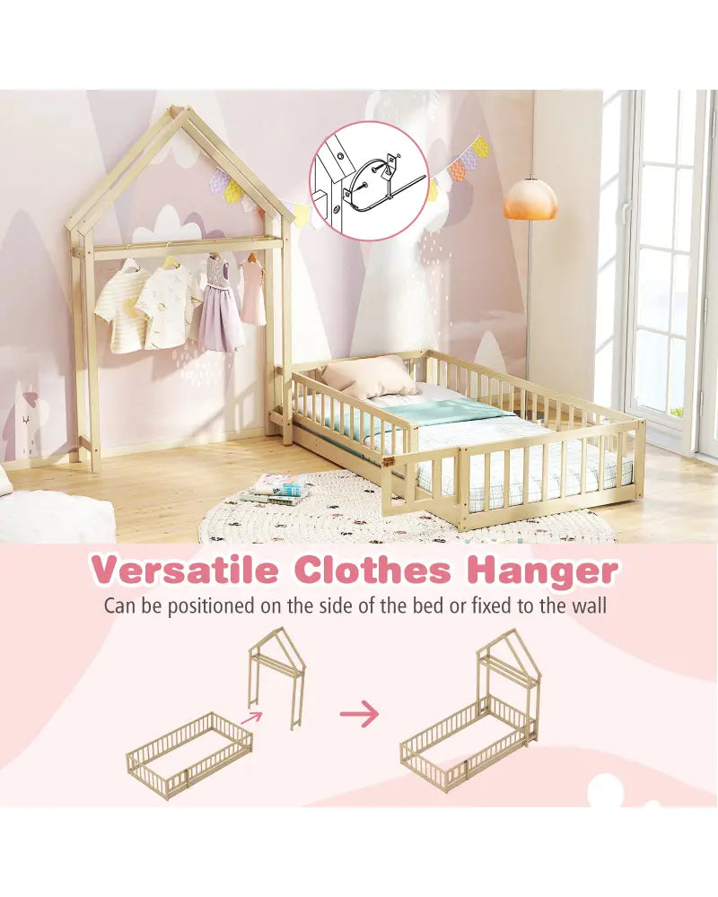 Twin Size House Floor Bed with House-shaped Headboard-Natural - Natural - Simple Bed Frame