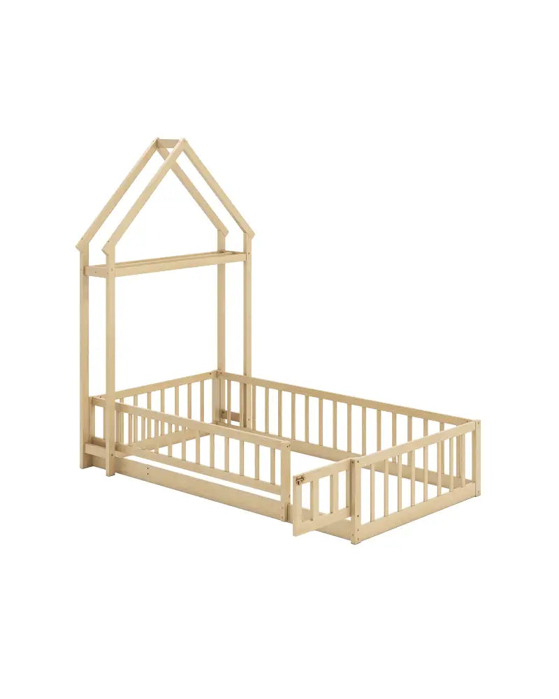 Twin Size House Floor Bed with House-shaped Headboard-Natural - Natural - Simple Bed Frame
