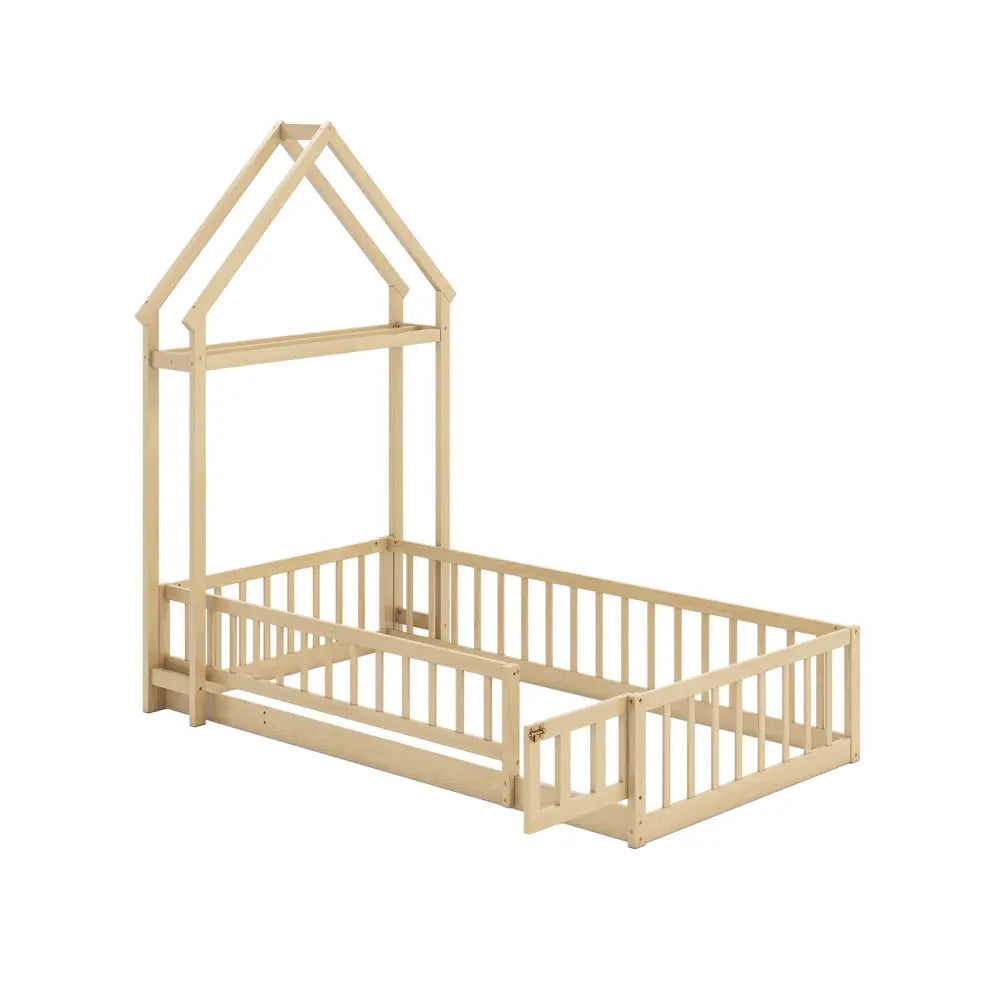 Twin Size House Floor Bed with House-shaped Headboard-Natural - Natural - Simple Bed Frame