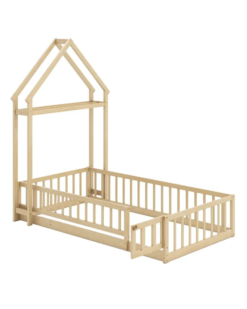 Twin Size House Floor Bed with House-shaped Headboard-Natural - Natural - Simple Bed Frame